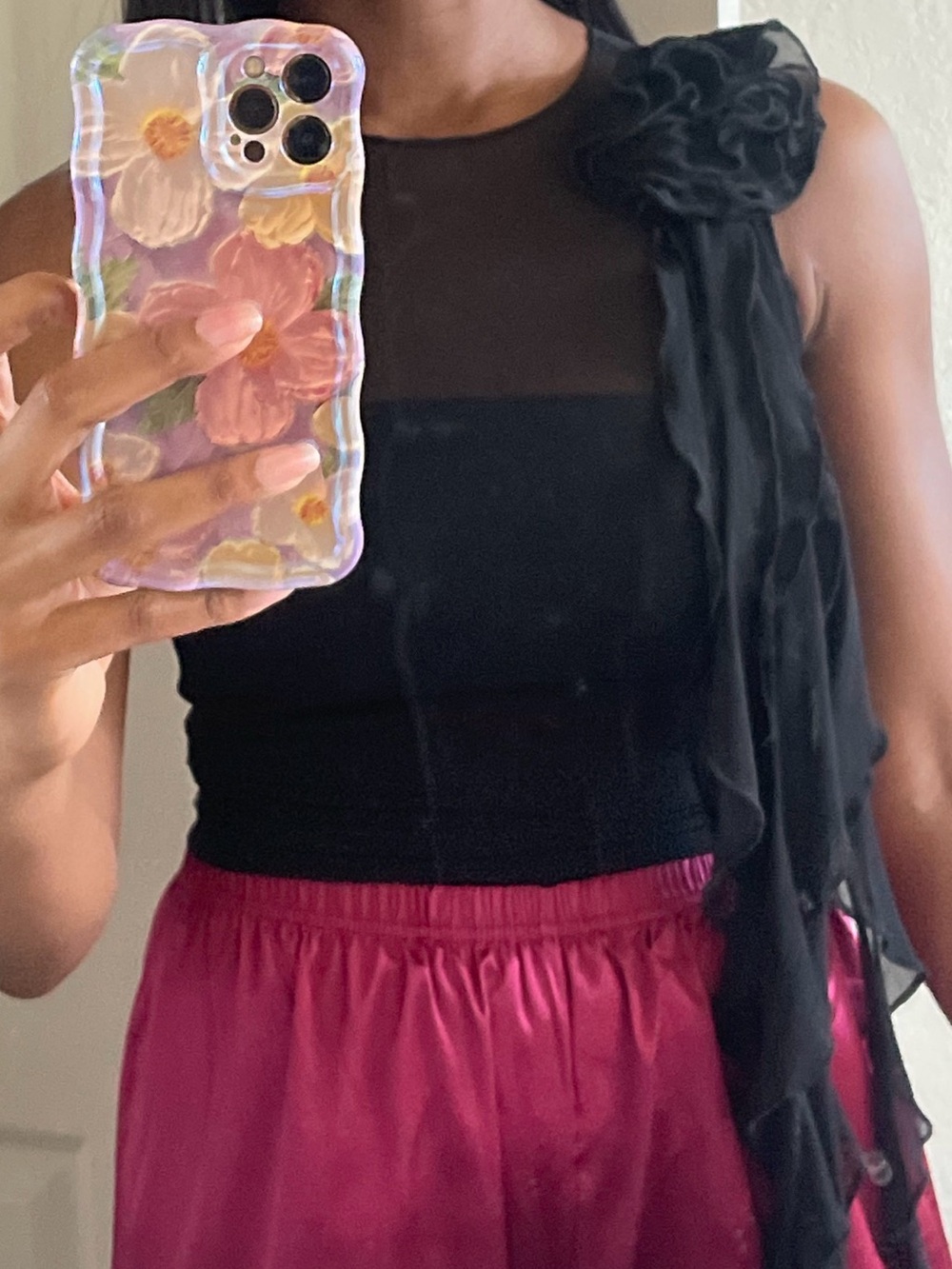 Women’s Black One-Shoulder Ruffle Sheer Tank Top with Floral Accent